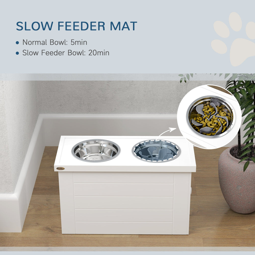 Raised Dog Bowls w/ Slow Feeder Mat, Storage Cabinet, 3 Stainless Steel Bowls, Semi-Auto Dispenser Function, White